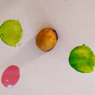 Tamponner sur la feuille blanche et recommencer l’opération avec des pommes de terre de tailles différentes et de nouvelles couleurs.